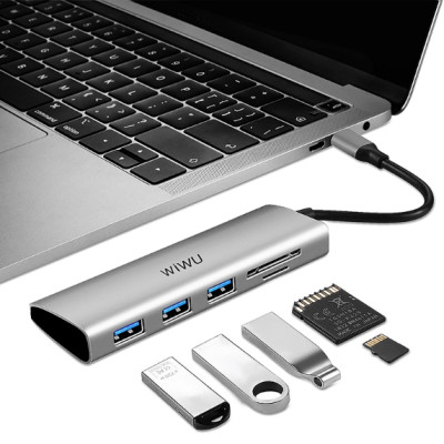  BỘ CHUYỂN ĐỔI WIWU ALPHA 532ST 5 IN 1 Cho Máy Tính Xách Tay Nhiều Cổng Loại C Với 3 * USB3.0 + TF + Thẻ SD - Hàng Chính Hãng