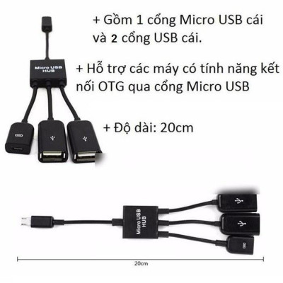 Cáp OTG to USB 2 cổng hỗ trợ sạc nguồn cho Điện thoại