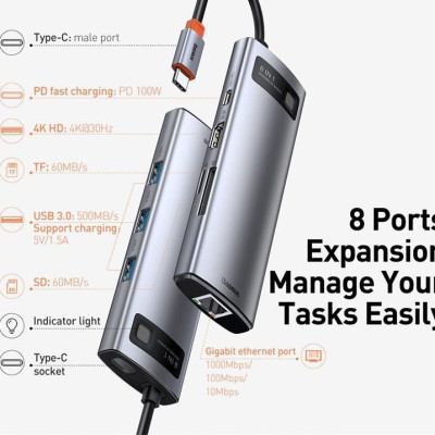 Hub chuyển đa năng Baseus 8-in-1 Metal Gleam Series Multifunctional Docking Station - Hàng Chính Hãng