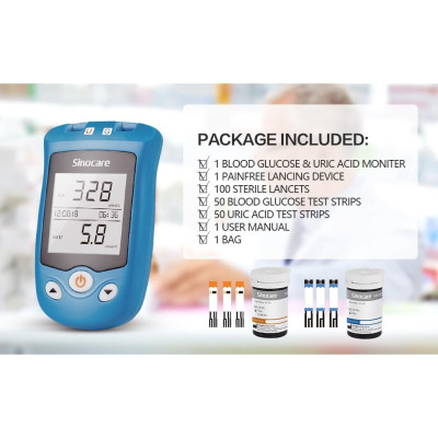Máy Đo Đường Huyết Và Axit Uric Sinocare Safe AQ UG 2 Trong 1 Kèm 50 Que Đường, 50 Que Gout Và 100 Kim