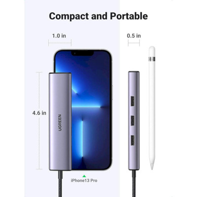 Ugreen UG60600CM475TK 3*USB 3.0 + RJ45 Gigiatbit 20CM Màu Xám Bộ chuyển type c sang 3 cổng USB + RJ45 Giagabit - HÀNG CHÍNH HÃNG