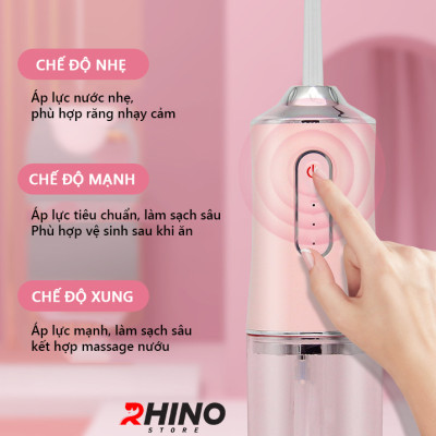 Máy tăm nước rửa răng thông minh Rhino WT101 220ml xịt nước chăm sóc răng miệng cầm tay, 3 chế độ có thể sạc - Hàng chính hãng