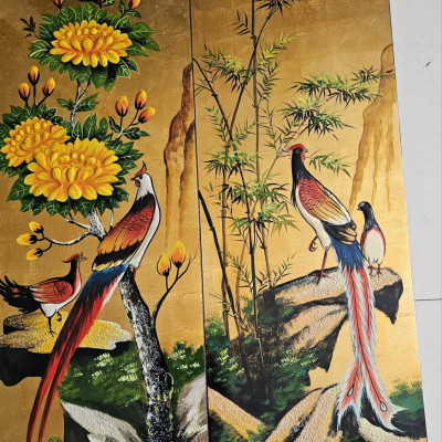 Tranh sơn mài bộ 4 tấm Mai Tùng Cúc Trúc vẽ kết hợp đắp nổi cao cấp 70x110 cm