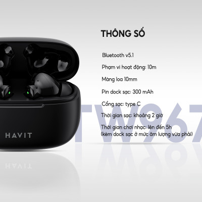 Tai Nghe TWS Havit TW967 BT 5.0, Thiết Kế Công Thái Học, Driver 10mm, Nghe Nhạc Đến 5H - Hàng Chính Hãng