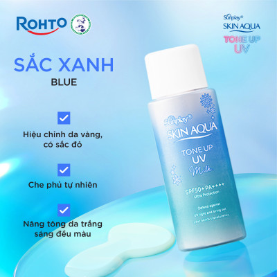 Kem chống nắng nâng tông Skin Aqua Tone up Blue cho da vàng có khuyết điểm đỏ, dạng sữa Sunplay Skin Aqua Tone Up UV Milk Blue SPF 50+ PA++++ 50g