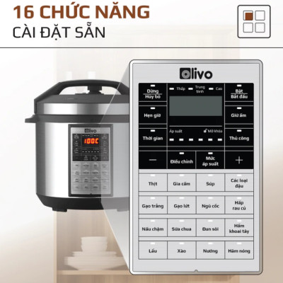 Nồi Áp Suất Điện Olivo PC60 Ruột Inox 6L Thương Hiệu Mỹ Gồm 16 Chức Năng Công Suất 1000 W - Hàng Chính Hãng