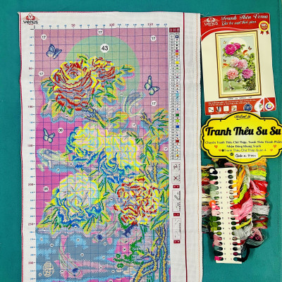 Tranh thêu kín Hoa mẫu đơn dưới trăng vs8088, kích thước 50 x 90 cm