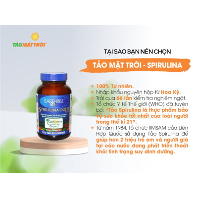Tảo Mặt Trời Earthrise Spirulina Gold Plus - Hỗ trợ tăng cân - Lọ 360 viên