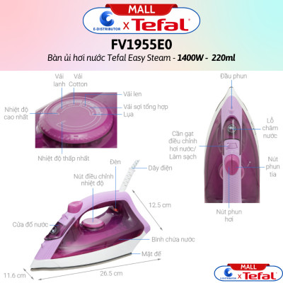 Bàn ủi hơi nước Tefal Easy Steam FV1955E0 1400W - Hàng Chính Hãng - Bảo Hành 12 Tháng