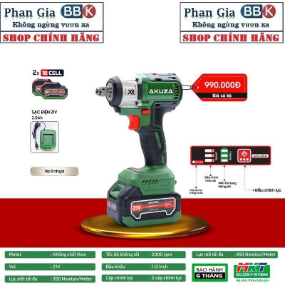 Máy Siết Bulong Pin AKUZA B350Pro Lực Siết 350N/m 21V - 2 Pin 10 Cell không chổi than - Bảo hành chính hãƞg