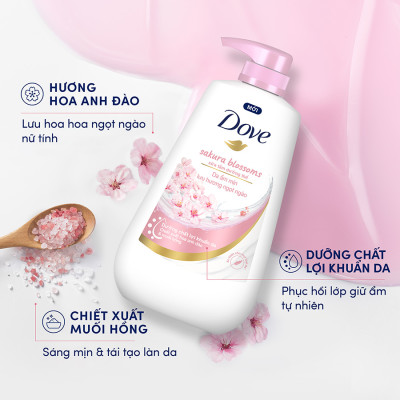 Sữa Tắm Serum Dove Pro-Ceramide Hoa Sakura và Muối Hồng Giúp Da Đàn Hồi Và Căng Bóng 500g