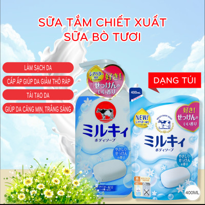 Sữa Tắm Dưỡng Trắng Mịn Da Hương Hoa Cow Milky Body Soap Pump Chiết Xuất Sữa Bò Tươi Refil 400mL