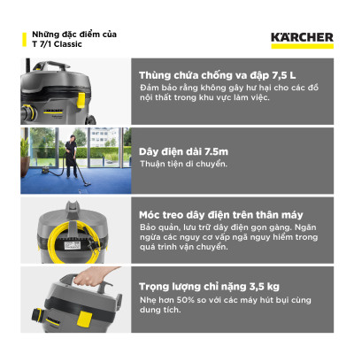 [Sản xuất Châu Âu] Máy hút bụi khô công nghiệp Karcher T 7/1 Classic - Hàng chính hãng