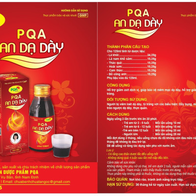 PQA An Dạ Dày là dược phẩm siro thảo dược dùng cho người bị viêm loét dạ dày, tá tràng có tác dụng hỗ trợ  hạn chế axit dịch vị, bảo vệ niêm mạc dạ dày, viêm loét dạ dày, tá tràng.