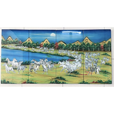 Bộ Tranh sơn mài 4 tấm - BÁCH MÃ ĐỒ BỘ - Size 80X160CM - Khảm cừ cao cấp