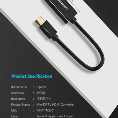 Ugreen UG40360MD112TK 25CM màu Đen Cáp chuyển đổi Mini DP sang HDMI hỗ trợ phân giải 4K x 2K - HÀNG CHÍNH HÃNG