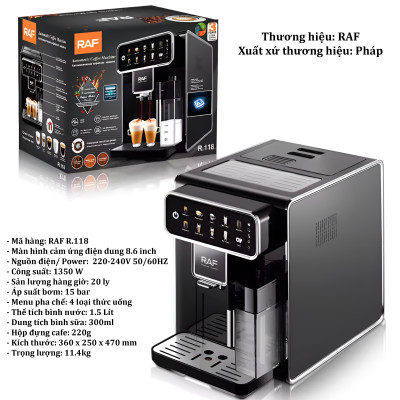 Máy Pha Cà Phê Tự Động RAF R.118 Thương Hiệu Pháp Màn Hình Cảm Ứng 8.6 Inch, Công Suất 1350W, 1 Giờ 20 Ly - HÀNG NHẬP KHẨU, BẢO HÀNH 1 NĂM
