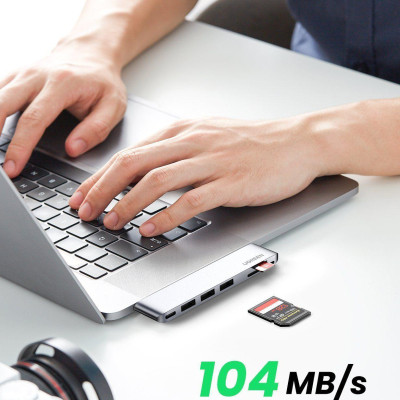 Ugreen UG60560CM251TK macbook pro air 2 cổng USB Type C Bộ chuyển đổi sang 3x Hub USB 3.0 + SD/TF + nguồn PD màu xám bằng nhôm - HÀNG CHÍNH HÃNG