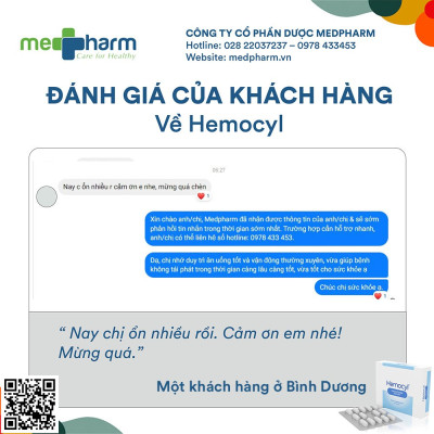 Hemocyl-TPBVSK: Giải pháp đột phá trong quản lý bệnh trĩ mà không cần phẫu thuật-Hỗ trợ cải thiện triệu chứng: đau rát, ngứa, chảy máu khi đi ngoài do trĩ. Ức chế sự phát triển vi sinh vật giúp hỗ trợ cải thiện nguy cơ nhiễm trùng thứ phát tại búi trĩ.