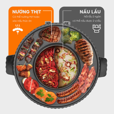 Nồi lẩu điện 2 ngăn Lebenlang LBTT5288, bếp lẩu nướng 2in1 đa năng tròn loại to,công suất 1800W tiện lợi cho gia đình - hàng chính hãng