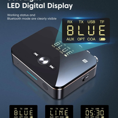 ROGTZ - Bộ Thu Phát Bluetooth Đa Năng M8 NFC, Chip AC6951C, Bluetooth 5.0, Màn Hình LED, Pin Lithium-ion 3.7V/500mAh, 8h, Phạm vi truyền 10m, Kết nối  AUX 3.5mm/RCA kép/Coaxial/Optical, Màn LCD, Hỗ Trợ Nhiều Giao Diện - Hàng Chính Hãng