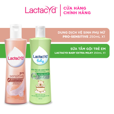 Bộ Dung Dịch Vệ Sinh Phụ Nữ Lactacyd Pro Sensitive Cho Da Nhạy Cảm 250ml + Sữa Tắm Gội Trẻ em Lactacyd Baby Extra Milky 250ml