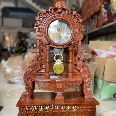Đồng hồ quả lắc tân cổ điển để bàn cao 70x45x15cm + kệ chân đế 15x52x29cm bằng gỗ hương đá