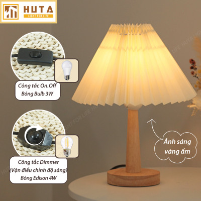 Đèn Ngủ Để Bàn HUTA G5 Gỗ Chao Xếp Ly Vintage Dễ Thương, Decor Trang Trí Phòng Ngủ, Đọc Sách Đầu Giường, Điều Chỉnh Độ Sáng, Đèn Vàng Bóng LED Tiết Kiệm Điện