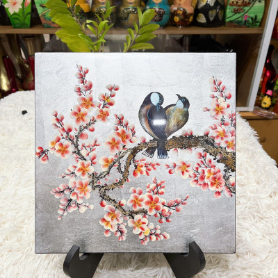 Tranh sơn mài - UYÊN ƯƠNG TRÊN CÀNH ĐÀO - Nền dát vàng/bạc cao cấp