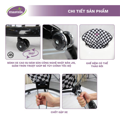 Xe tròn tập đi có đồ chơi và nhạc cho bé Mastela W2002 bánh xe cao su hãm di chuyển theo quán tính siêu nhẹ xoay 360 độ