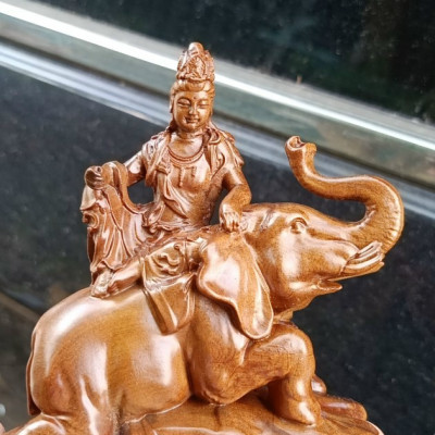 Tượng văn thù phổ hiền bồ tát bằng gỗ bách xanh thơm nức kt 16×15×6cm