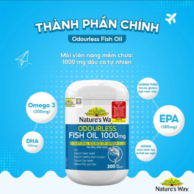 Viên uống dầu cá Omega 3 Nature’s Way Odourless Fish Oil 1000mg 80 - 200 viên hỗ trợ tim mạch, bổ não, tăng cường thị lực