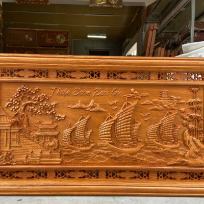 Tranh treo tường trạm khắc thuận buồm xuôi gió bằng gỗ gõ kt 67×127×4cm