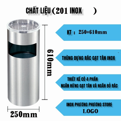 ( Hàng Cao Cấp ) Thùng rác inox tròn A 35, thùng rác inox gạt tàn tròn ( Tặng sọt tròn mây )