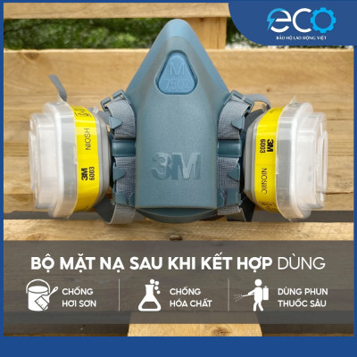 Combo (7 món) mặt nạ phòng độc 3M 7501, 7502 kết hợp phin lọc 3M 6003, tấm lọc bụi 5N11 cùng nắp giữ 501  lọc hơi độc Hơi hữu cơ vô cơ Phun sơn Phun xịt thuốc sâu Mặt nạ chính hãng 