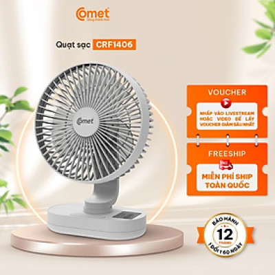 Quạt Sạc Tích Điện Để Bàn Đa Năng COMET CRF1406 6W, 3 Cấp Độ Gió, Có Đèn LED, 2 pin rời 18650 Lithium 1200mAh Để Bàn Văn Phòng - Hàng chính hãng