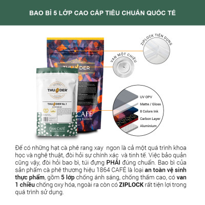 Cà Phê Nguyên Hạt Hạng 1 Sàng 1864/64 in Trọng lượng 220g THUNDER No.6 - 1864 CAFÉ