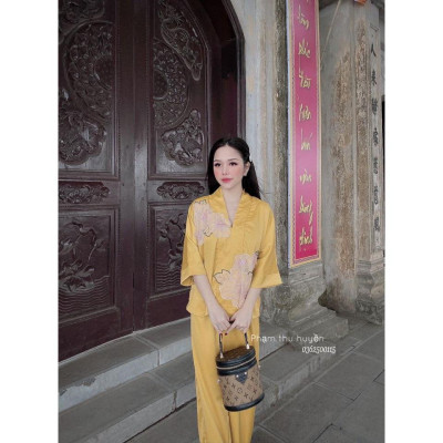 Đồ Lam Nữ Đi Chùa  SJ 01 Cao Cấp Trang Nhã Vải Lụa Hoa Nổi