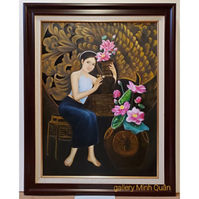 Tranh vẽ sơn dầu nghệ thuật " Thiếu nữ bên bình hoa sen 