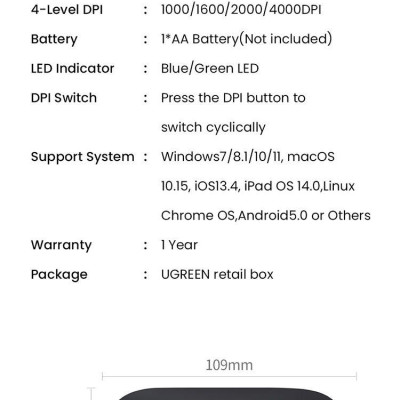 Ugreen UG25163MU001TK màu đen 2.4G và Bluetooth Chuột không dây dùng cho máy tính laptop chất liệu nhựa ABS có kèm pin AA - HÀNG CHÍNH HÃNG