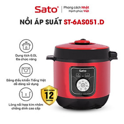 Nồi áp suất đa năng SATO 6AS051.D 6.0L -Nồi áp suất đa chức năng : nấu cơm, nấu cháo, hầm gân, ninh, súp, hấp, giữ ấm ... Dung tích : 6.0 lít phù hợp gia đình 4 - 6 người - Miễn phí vận chuyển toàn quốc - Hàng chính hãng