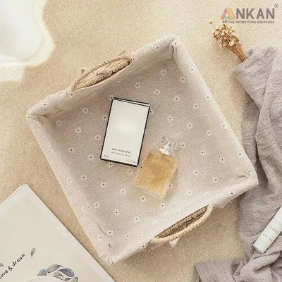 Giỏ Decor Hình Vuông Có Quai Xách – Đan Tay Thủ Công, Lót Vải Hoa Vintage, Trang Trí & Đựng Đồ Đa Năng