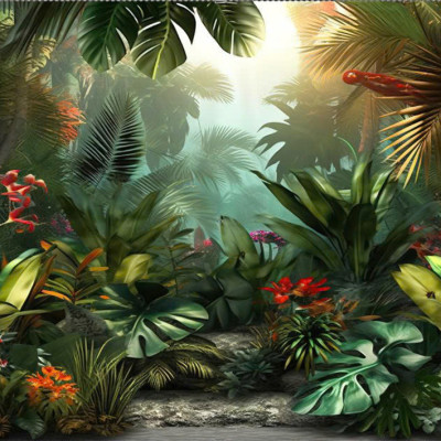 (HCM) Tranh dán tường 3d rừng lá nhiệt đới tropical có sẵn keo( có in theo kích thước yêu cầu)