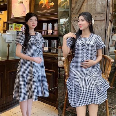 Đầm bầu đuôi cá cổ thuỷ thủ phối viền ren chất Cotton Hàn Váy bầu năng động