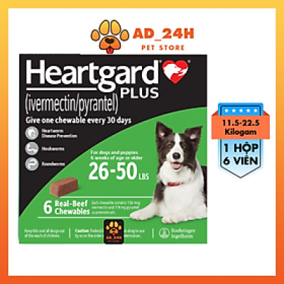 1 hộp x 6 viên HEARTGARD (mẫu mới) tẩy giun chó từ 11.5kg đến 22.5kg