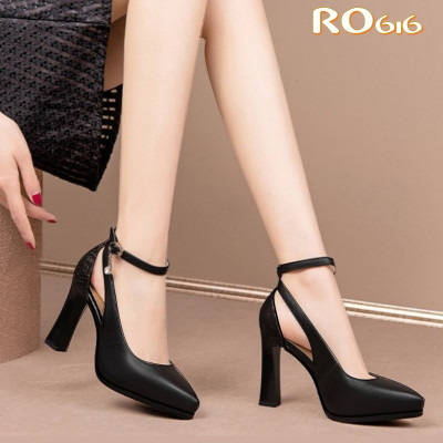 Giày sandal nữ cao gót 9 phân hàng hiệu rosata màu đen thời trang cao cấp ro616