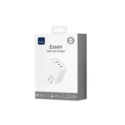 Củ sạc GaN hàng chính hãng WiWU Essen 65W Wi-G005: 2 Type-C, 1 USB-A, chân dẹt US, sạc nhanh đa thiết bị