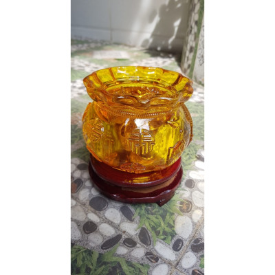 Tượng Phong Thủy Thố tụ tài to mới miệng kiểu màu vàng anh tài lộc 20 thỏi xiền vàng đá lưu ly tự nhiên đế gỗ size lớn đk 13cm x Cao 13cm cả đế x thố cao 9cm Hợp Anh Chị Mệnh Kim Thổ Thuỷ đặt bàn làm việc bàn thờ thần tài to vàng anh đẹp ạ