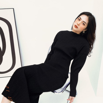 Đầm thun gân đen NGADO , đầm thun nữ , đầm midi , đầm dạo phố