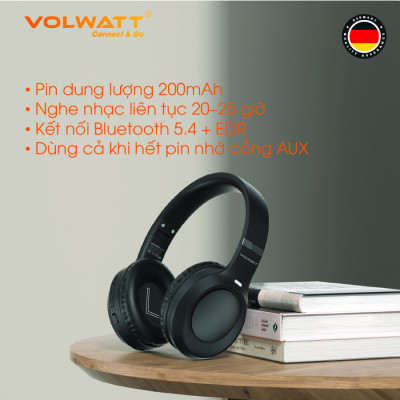 Tai nghe chụp tai không dây Volwatt Flow hàng chính hãng | Bluetooth 5.4 + EDR, AUX 3.5mm, Pin 200mAh 18h, Mic ENC, BH 12 tháng
